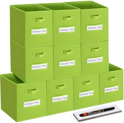 13x13 storage cube bins (Set of 10) Foldable Fabric storage cubes with 10 Labels Window Cards & a Pen,13 inch cube storage bins,Closet Organizers for Shelves,Cubby Organizer Boxes,lime green by Artsdi