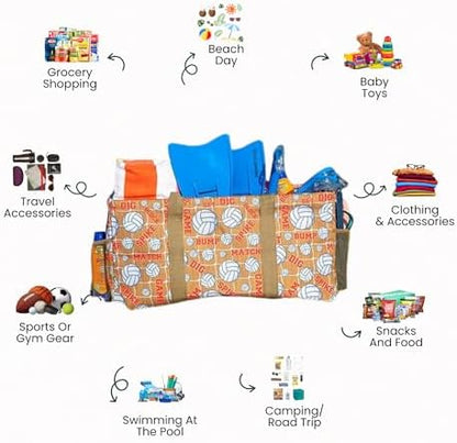 Extra Large Utility Tote Bag - Oversized Collapsible Reusable Wire Frame Rectangular Canvas Basket With Two Exterior Pockets For Beach, Pool, Laundry, Car Trunk, Storage - Volleyball - Image 3