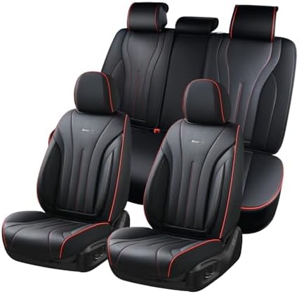 Coverado Car Seat Covers Full Set, Leather Seat Covers for Car, Waterproof Seat Covers, Automotive Seat Cushions, Breathable Car Seat Protector Universal for Most Sedans, Trucks, SUV (Black &Red Line) by COVERADOAUTO