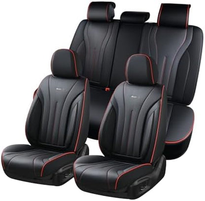 Coverado Car Seat Covers Full Set, Leather Seat Covers for Car, Waterproof Seat Covers, Automotive Seat Cushions, Breathable Car Seat Protector Universal for Most Sedans, Trucks, SUV (Black &Red Line) by COVERADOAUTO