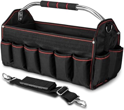 HAUTMEC 18" Foldable Tool Tote, Open Top Tool Bag with Removable Divider & Stiff Frame, 23-Pockets Electrician Tool Bag with Padded Steel Handle, Shoulder Strap & Water-Resistant Hard Base – HT0020 by HAUTMEC