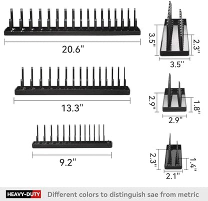 AIUITIO 6PCS Socket Organizer Tray Set, Red SAE & Black Metric Socket Storage Trays, 1/4-Inch, 3/8-Inch & 1/2-Inch Drive Deep and Shallow Socket Holders for Toolboxes - Image 6