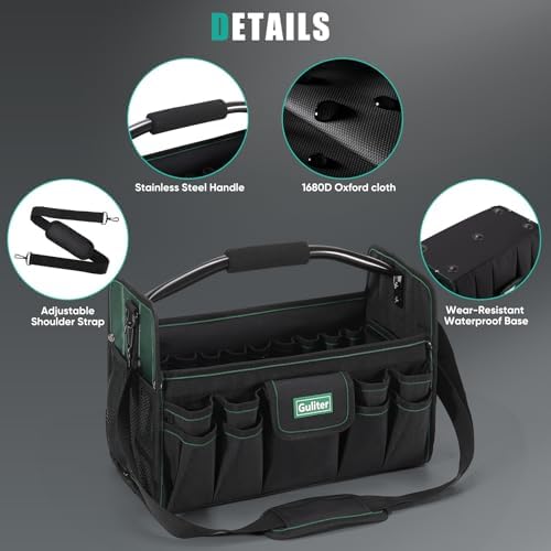 17 Inch Tool Bag,Electrician Tool Bags,Heavy Duty Open Top Tool Tote,31 Pocket Tool Box Organizer with Stainless Steel Handle & Adjustable Shoulder Strap, Black/Green - Image 4