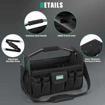 17 Inch Tool Bag,Electrician Tool Bags,Heavy Duty Open Top Tool Tote,31 Pocket Tool Box Organizer with Stainless Steel Handle & Adjustable Shoulder Strap, Black/Green - Image 4