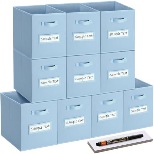 11x11 storage cube bins (Set of 10) Foldable Fabric storage cubes with 10 Labels Window Cards & a Pen,11 inch cube storage bin,Closet Organizers for Shelves,Cubby Organizer Boxes,Pastel Blue by Artsdi