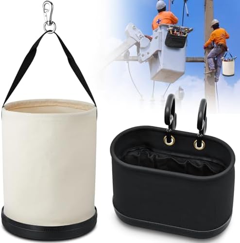 2 Pack Canvas Bucket & Oval Tool Bag, Bucket Tool Organizers with Reinforced Bottom and Hook for Lineman Electrician Construction Workers (White + Black) by SilTriangle