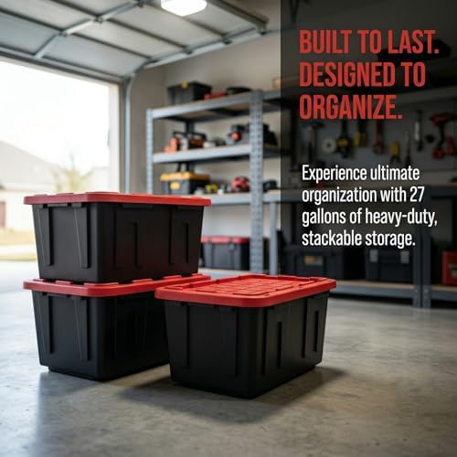 4Pcs 27-gallon Plastic Storage Box, Sturdy and Durable with A Lockable Lid, Suitable for Outdoor, Garage, Basement and Indoor Item Organization, Stackable Storage Box, Black Base and Red Lid - Image 4