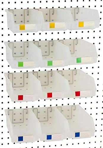 Pegboard Bins – 12 Pack Clear Large - Hooks to Any Peg Board - Organize Hardware, Accessories, Attachments, Workbench, Garage Storage, Craft Room, Tool Shed, Hobby Supplies, Small Parts by RightArrange