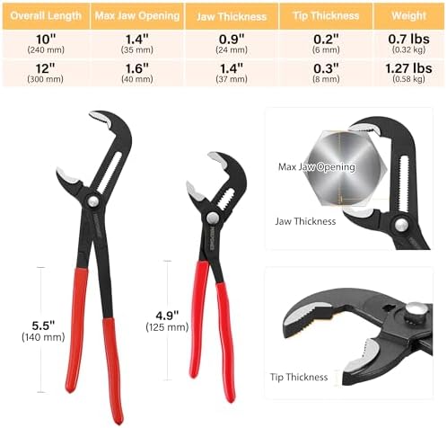 MAXPOWER 10" & 12" Tongue and Groove Pliers, Push-Button Adjust, V-Jaw - Image 3