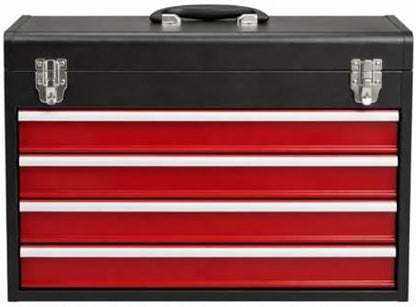4-Drawer Tool Box with Drawers - Portable Metal Tool Box for Mechanics - Heavy Duty Steel Tool Chest with Locking Latches and Top Storage Compartment, Red/Black by Unknown
