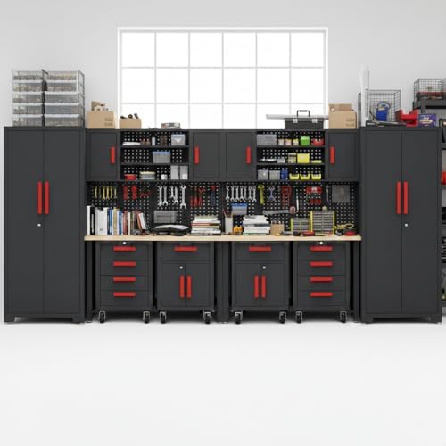 12-PC Heavy Duty Steel Garage Storage Cabinet System & Bench,Red - Image 5