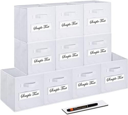 Fabric storage cubes (Set of 10) 11 Inch Cube Storage Bin, cube storage with 8 Labels Window Cards & a Pen, Foldable cube organizer bins, 11x11 storage bin, Cubby Organizer bins, White by Artsdi