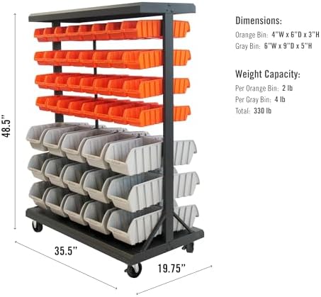 TRINITY Rolling Storage Bin Rack & Parts Organizer, 7-Tier Dual-Sided Bin Cart Shelving for Shop Storage, Nut and Bolt Organizer, Garage, Warehouse, Tools & Hardware, 330Lb Max, With Wheels, Black - Image 3