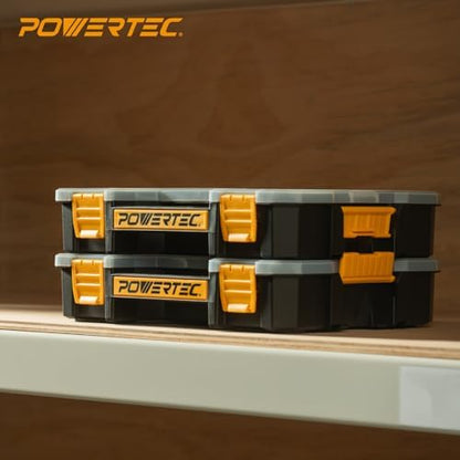 POWERTEC Small Parts Organizer & Tool Box – 14 Compartments, Stackable Storage with Interlocking Latch, Removable Dividers, Clear Lid, Portable Design, 2-Pack (72364-P2) - Image 7