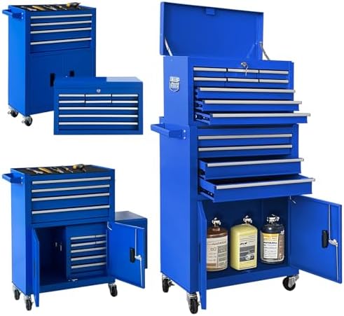 13-Drawer Double Doors Handle Rolling Tool Chest, 2 in 1 Detachable Rolling Tool Chests, Large Tool Boxes with Lock, Metal Standing Tool Cabinet for Garage Workshop(Blue) by TOKUWA
