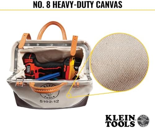 Klein Tools 5102-12 Heavy Duty Natural Canvas Tool Bag, Tool Tote, Multi-Purpose Bag with Wide Hinged Opening and Leather Handles, 12-Inch - Image 4