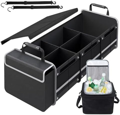 AOPHY Car Trunk Organizer with Insulated Cooler Bag, Foldable & Waterproof Storage Organizer with Lid for SUV, Truck, Sedan - 4 Large Adjustable Compartments, Heavy Duty & Collapsible Design by AOPHY