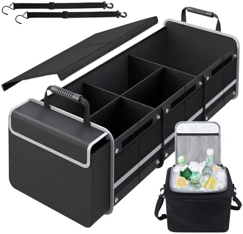 AOPHY Car Trunk Organizer with Insulated Cooler Bag, Foldable & Waterproof Storage Organizer with Lid for SUV, Truck, Sedan - 4 Large Adjustable Compartments, Heavy Duty & Collapsible Design by AOPHY