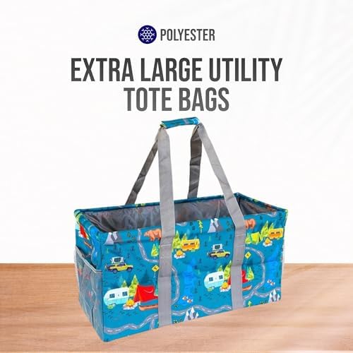 Extra Large Utility Tote Bag - Oversized Collapsible Reusable Wire Frame Rectangular Canvas Basket With Two Exterior Pockets For Beach, Pool, Laundry, Car Trunk, Storage - Camping - Image 7