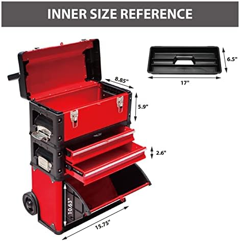 Big RED TRJF-C305ABD Torin Garage Workshop Organizer: Portable Steel and Plastic Stackable Rolling Upright Trolley Tool Box with 3 Drawers, 20.5" L x 12.6" W x 28.4" - Image 4