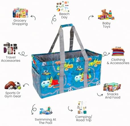 Extra Large Utility Tote Bag - Oversized Collapsible Reusable Wire Frame Rectangular Canvas Basket With Two Exterior Pockets For Beach, Pool, Laundry, Car Trunk, Storage - Camping - Image 3