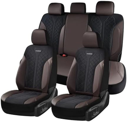 Coverado Seat Covers for Car 5 Seats, Leather Car Seat Covers Fullset, Breathable Mesh Front and Rear Protectors, Coffee Luxury Automotive Covers, Universal Fit for SUV, Truck, Sedan by COVERADOAUTO