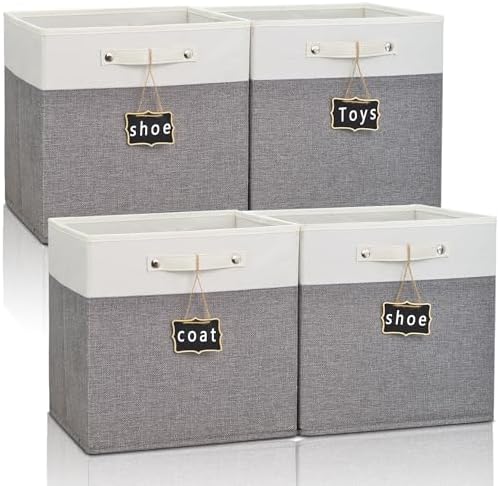 13x13x13 Storage Cube Bins 4 Pack,Collapsible Fabric Storage Cubes with Labels,Linen Cube Storage Organizer Bins with Cotton Handles,Square Storage Cubes for Home,Office,Clothes,Cabinet(White Grey). by Storageexperts