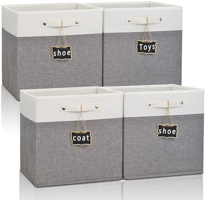 13x13x13 Storage Cube Bins 4 Pack,Collapsible Fabric Storage Cubes with Labels,Linen Cube Storage Organizer Bins with Cotton Handles,Square Storage Cubes for Home,Office,Clothes,Cabinet(White Grey). by Storageexperts