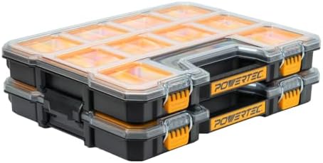 POWERTEC Small Parts Organizer & Tool Box – 20 Compartments, IP65 Water & Dust Protection, Stackable Storage with Interlocking Latch, Removable Bin, Divider, Clear Lid, Portable Design, 2PK (72366-P2) by POWERTEC