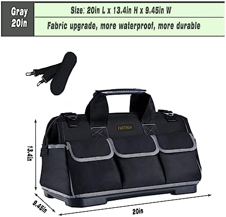 FASTECH 20-inch Wide Mouth Tool Bag with Water Proof Molded Base, Waterproof Tool Organizer Bag for Men with Adjustable Shoulder Strap (Grey-20INCH) - Image 2