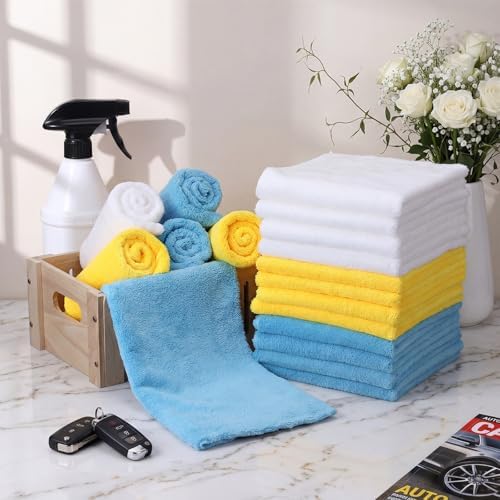 Shimeyao 30 Pcs 16 x 16 Inch edgeless Microfiber Plush Towels for Cars Detailing Drying Wash Polishing Absorbent Cleaning Cloths, 500 GSM (Light Blue, White, Yellow) - Image 5