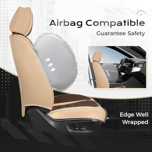 Coverado Car Seat Covers Front, Seat Covers for Cars, Waterproof 2-Pack Car Seat Cushions, Leather Carseat Seat Protectors, Universal Seat Covers Fit for Most Sedans SUV Pick-up Trucks(Beige&Coffee) - Image 5