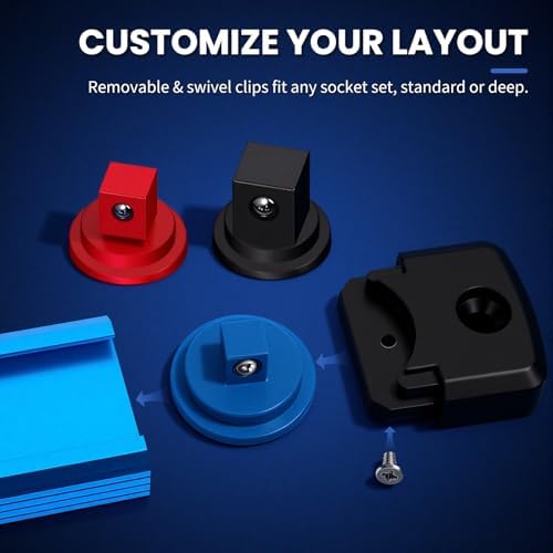8PC Magnetic Socket Organizer Set, for 1/2″ 3/8″ 1/4″ Drive with 3 Black 3 Red 2 Blue Trays, 360° Swivel Removable Clips, Heavy Duty Aluminum Alloy Rail for Tool Box Drawer - Image 6