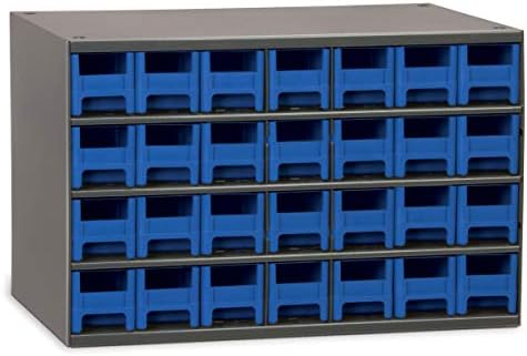 Akro-Mils Steel Garage Storage Cabinet, Small Parts Organizer Metal Cabinet for Hardware, Nails, Screws, Bolts, Nuts, and More, 17" W x 11" D x 11" H, 28-Drawer, Gray Cabinet/Blue Drawers (19228) by Akro-Mils