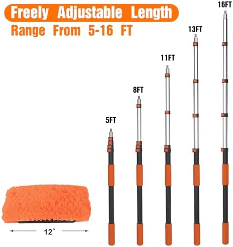 LAANPOLE 16FT Car Wash Brush with Long Handle, Car Cleaning Kit with Soft Bristle Wash Brush, Microfiber Cleaning Mop, Window Squeegee, Mitt, Wheel Brush for RV, Truck, Boat, House Siding - Image 5