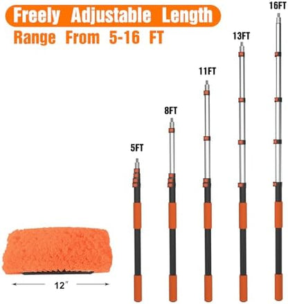 LAANPOLE 16FT Car Wash Brush with Long Handle, Car Cleaning Kit with Soft Bristle Wash Brush, Microfiber Cleaning Mop, Window Squeegee, Mitt, Wheel Brush for RV, Truck, Boat, House Siding - Image 5