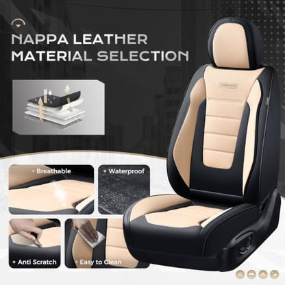 Coverado Car Seat Covers Full Set, Nappa Leather Seat Covers for Cars, Car Seat Protector Car Seat Cushion, Front and Back Seat Protectors Cushions Universal Fit for Most Cars Vehicles(Black&Beige) - Image 2