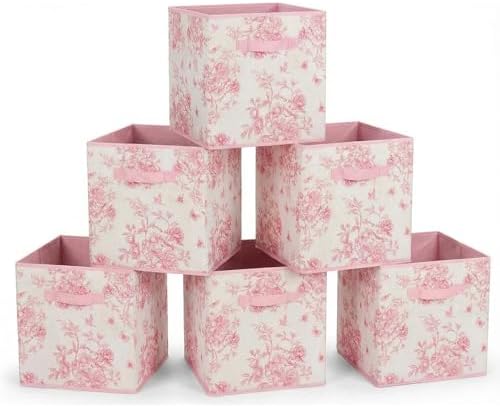 6 Pcs Pink Floral Cube Storage Bins 12.5 Inch Pink Flower Storage Basket with Handle, Preppy Girls Organizer Basket, Collapsible Fabric Box for Classroom Bedrooms Office Home Decoration (Flower) by BBSET