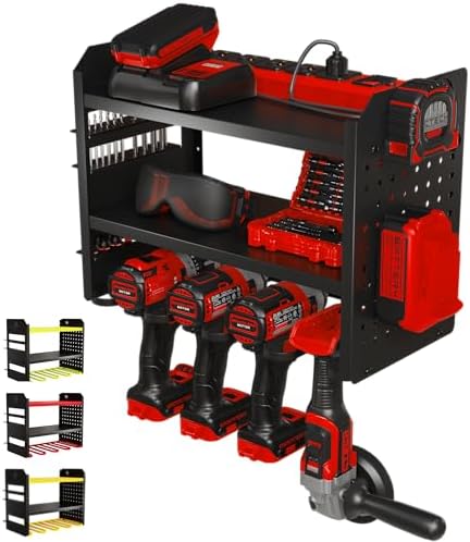 BUILTSTRONG Power Tool Organizer Wall Mount – 3-Tier Heavy-Duty Steel Rack, 4 Drill Slots, Pegboard + Utility Side, 100 lb Capacity – Garage, Workshop & Shed Storage (Black) by BUILTSTRONG