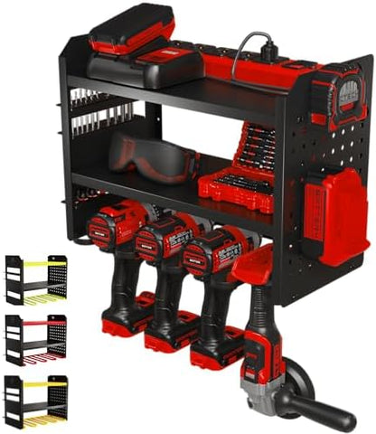 BUILTSTRONG Power Tool Organizer Wall Mount – 3-Tier Heavy-Duty Steel Rack, 4 Drill Slots, Pegboard + Utility Side, 100 lb Capacity – Garage, Workshop & Shed Storage (Black) by BUILTSTRONG