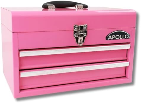 Apollo Tools 14 Inch Steel Tool Box with Deep Top Compartment and 2 Drawers in Heavy-Duty Steel With Ball Bearing Opening and Powder Coated Finish - Pink Ribbon - Pink - DT5010P by ApolloTools