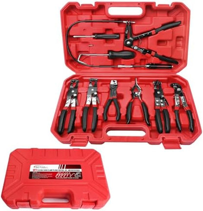 BETOOLL 9pc Hose Clamp Pliers, Professional Automotive with Flexible Wire Long Reach, Clic R Type Swivel Jaw and Flat Band Pliers for Coolant Radiator Heater/Water Hose (Red/Black) by BETOOLL
