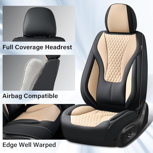 Coverado Waterproof Nappa Leather Car Seat Covers, Automotive Fullset Seat Covers, 5 Seat Car Seat Cushion & Seat Protector, Black&Beige Front and Rear Covers Universal Fit for Most Cars, SUVs, Trucks - Image 4