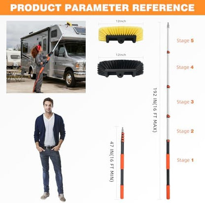 16FT Car Wash Brush with Long Handle Telescoping Extension Pole Angle Adapter with Soft and Hard Bristle Scratch-Free for Cleaning Car Truck RV House Floor Window Roof Solar Panels - Image 3