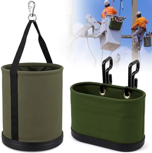 2 Pack Canvas Bucket & Oval Tool Bag, Bucket Tool Organizers with Reinforced Bottom and Hook for Lineman Electrician Construction Workers (Army Green + Black) by SilTriangle