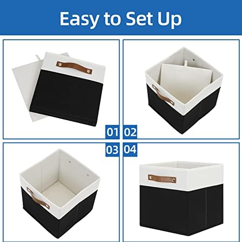 Temary 11 inch Cube Storage Bin 4 Pack Fabric Storage Cubes for Home, Fabric Storage Bin Storage Cube Bins with Leather Handles(White&Black) - Image 7