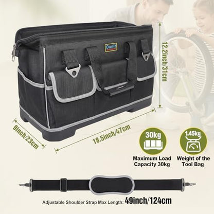 Tool Bag, Ounic 18 Inch Large Tool Tote Bag Heavy Duty With Waterproof Molded Base, Wide Mouth Tool Box Organizer with Adjustable Shoulder Strap for Electrician Mechanic Craftsman Plumbers(Black) - Image 2