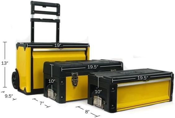 Portable Tool Box on Wheels - Stackable 3-in-1 Chest for Workshops and Craft Rooms - Foldable Comfort Handle and Latches by Stalwart (Black/Yellow) - Image 6