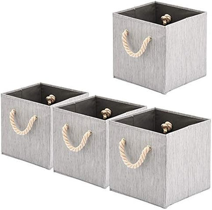 Foldable Bamboo Fabric Storage Bins [set of 4] with Cotton Rope Handles, Collapsible Organizer Boxes Basket - 10.5 x 10.5 x11 inch (Gray) by BeigeSwan