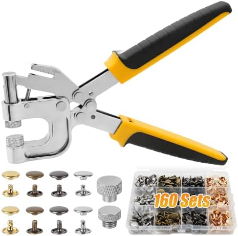 Leather Rivets Press Tool Kit – 160 Sets Double Cap Rivets with Installation Pliers, Leverage Design & Non-Slip Handle for Leather, Fabric, Clothing, Leathercraft Repair（4 Colors, 2 Sizes） by Unknown